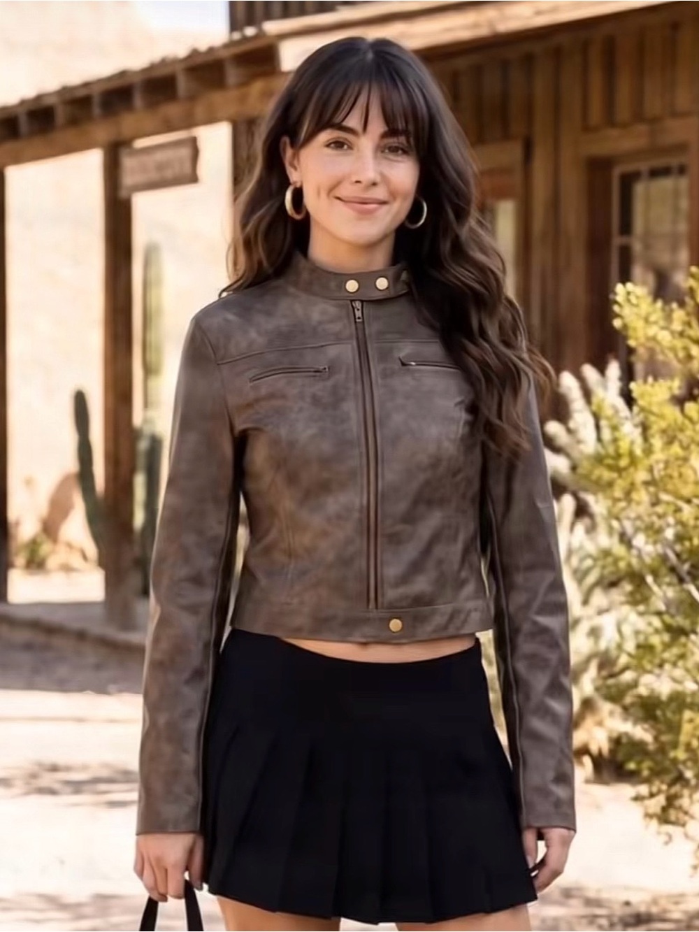 Classic Cropped Faux Leather Moto Jacket - Brown XL